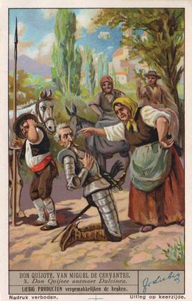 1936 Liebig Don Quijote, Van Miguel De Cervantes II (Don Quixote, by Miguel de Cervantes II)(Dutch Text)(F1329, S1334) #3 Don Quijote ontmoet Daleinea Front