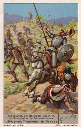 1936 Liebig Don Quijote, Van Miguel De Cervantes II (Don Quixote, by Miguel de Cervantes II)(Dutch Text)(F1329, S1334) #4 Don Quijote verlost galeislaren Front