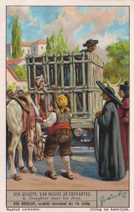 1936 Liebig Don Quijote, Van Miguel De Cervantes II (Don Quixote, by Miguel de Cervantes II)(Dutch Text)(F1329, S1334) #6 Terugkeer naar het darp Front