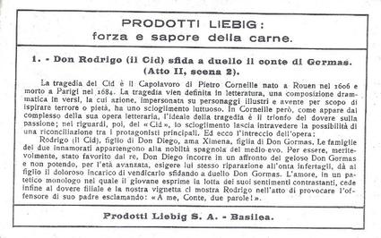 1936 Liebig Il Cid Tragedia di Corneille (Le Cid Tragedy by Corneille)(Italian Text)(F1326, S1337) #1 Don Rodrigo e il Conte di Gormas Back