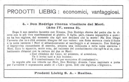 1936 Liebig Il Cid Tragedia di Corneille (Le Cid Tragedy by Corneille)(Italian Text)(F1326, S1337) #4 Don Rodrigo ritorna vincitore dei Mori Back