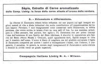 1936 Liebig Zaratustra o Zoroastro (Legend of Zarathustra) (Italian Text) (F1341, S1347) #5 Educarore e riformatore Back