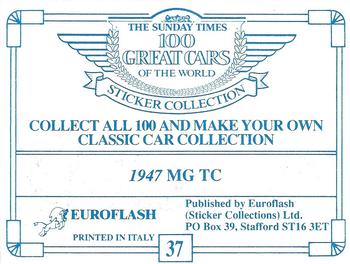 1989 The Sunday Times 100 Great Cars of the World #37 1947 MG TC Back