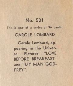 1936 Anonymous Movie Stars Series of 96 (R134) #501 Carole Lombard Back