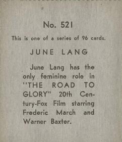 1936 Anonymous Movie Stars Series of 96 (R134) #521 June Lang Back