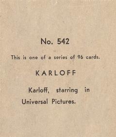 1936 Anonymous Movie Stars Series of 96 (R134) #542 Boris Karloff Back