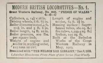 1922-23 Nelson Lee Modern British Locomotives #1 Great Western Railway Back