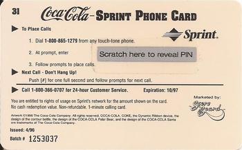 1996 Score Board Coca-Cola Sprint Phone Cards - $1 Phone Cards #31 Syrup Label 1912 Back