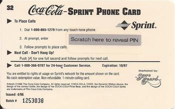 1996 Score Board Coca-Cola Sprint Phone Cards - $1 Phone Cards #32 Syrup Label 1929 Back