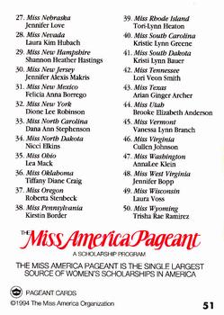 1994 Miss America Pageant Contestants #51 Checklist Back