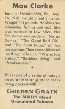 1934 Golden Grain Motion Picture Stars - T84 #NNO Mae Clarke Back