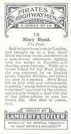1925 Wills's Pirates & Highwaymen #19 Mary Read Back