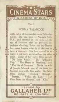 1926 Gallaher Cinema Stars #1 Norma Talmadge Back