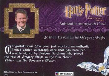 2005 ArtBox Harry Potter & the Sorcerer's Stone - Autographs #NNO Joshua Herdman Back