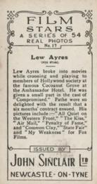 1934 John Sinclair Film Stars #17 Lew Ayres Back