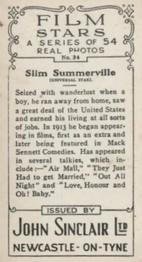 1934 John Sinclair Film Stars #34 Slim Summerville Back