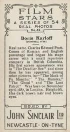 1934 John Sinclair Film Stars #35 Boris Karloff Back