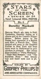 1934 Godfrey Phillips Stars of the Screen #6 Dorothy Mackaill Back