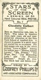1934 Godfrey Phillips Stars of the Screen #7 Claudette Colbert Back