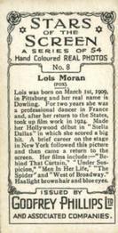 1934 Godfrey Phillips Stars of the Screen #8 Lois Moran Back