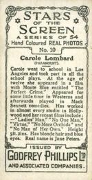 1934 Godfrey Phillips Stars of the Screen #10 Carole Lombard Back