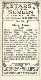 1934 Godfrey Phillips Stars of the Screen #16 Mary Astor Back