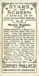 1934 Godfrey Phillips Stars of the Screen #27 Miriam Hopkins Back
