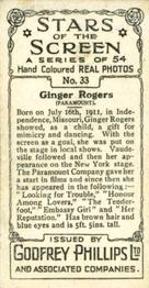 1934 Godfrey Phillips Stars of the Screen #33 Ginger Rogers Back