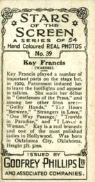 1934 Godfrey Phillips Stars of the Screen #39 Kay Francis Back