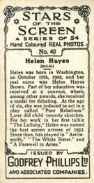 1934 Godfrey Phillips Stars of the Screen #40 Helen Hayes Back