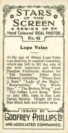 1934 Godfrey Phillips Stars of the Screen #43 Lupe Velez Back