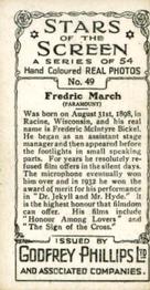 1934 Godfrey Phillips Stars of the Screen #49 Fredric March Back