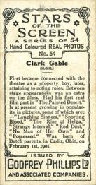 1934 Godfrey Phillips Stars of the Screen #54 Clark Gable Back