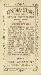 1933 Nicolas Sarony Cinema Stars #4 Miriam Hopkins Back