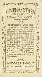 1933 Nicolas Sarony Cinema Stars #9 Claudette Colbert Back