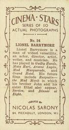 1933 Nicolas Sarony Cinema Stars #24 Lionel Barrymore Back