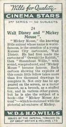 1931 Wills's Cinema Stars 3rd Series #24 Walt Disney / Mickey Mouse Back