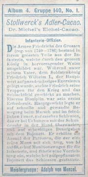 1900 Stollwerck Album 4 Gruppe 140 Die Armee Friedrichs des Großen (von A. Menzel) (The Army of Frederick the Great (by A. Menzel) #1 Infanterie-Offizier Back