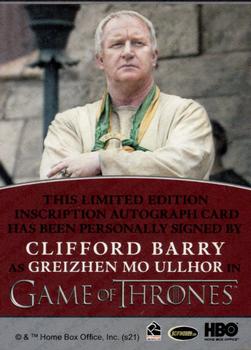 2021 Rittenhouse Game of Thrones Iron Anniversary Series 2 - Inscription Autographs #NNO Clifford Barry Back
