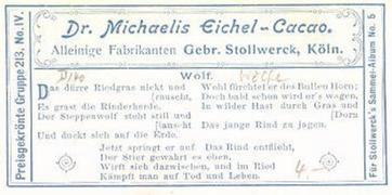 1902 Stollwerck Album 5 Gruppe 213 Von der Wildbahn (From the wild) #4 Wolf Back