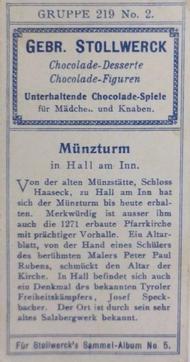 1902 Stollwerck Album 5 Gruppe 219 Malerische Burgen und Orte (Picturesque castles and places) #2 Munzturm Back