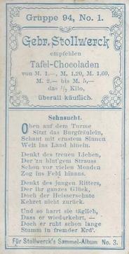 1899 Stollwerck Album 3 Gruppe 94 Aus der Ritterzeit	(From the Age of Knights) #1 Sehnsucht Back