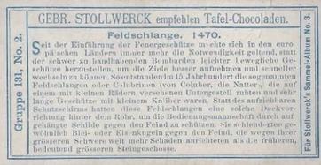 1899 Stollwerck Album 3 Gruppe 131 Entwicklung der Artillerie (Development of Artillery) #2 Feldschlange 1470 Back