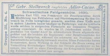 1899 Stollwerck Album 3 Gruppe 131 Entwicklung der Artillerie (Development of Artillery) #4 Schwedisches Feldgeschütz 1630 Back