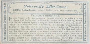 1900 Stollwerck Album 4 Gruppe 159 Ausländische Schmetterlinge (Foreign Butterflies) #2 Tachyris concinna Back