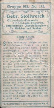 1900 Stollwerck Album 4 Gruppe 163 Sächsische Fürsten (Saxon Princes) #3 König Anton Back