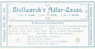 1900 Stollwerck Album 4 Gruppe 190  Musik und Gemüt (Music and Mind) #3 Fräulein Uebermut Back