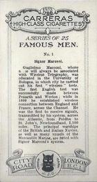 1927 Carreras Famous Men #1 Guglielmo Marconi Back
