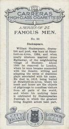 1927 Carreras Famous Men #20 William Shakespeare Back