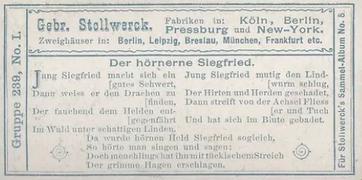 1902 Stollwerck Album 5 Gruppe 239 Aus Dichtung und Sage (From poetry and legend) #1 Der Hornerne Siegfried Back